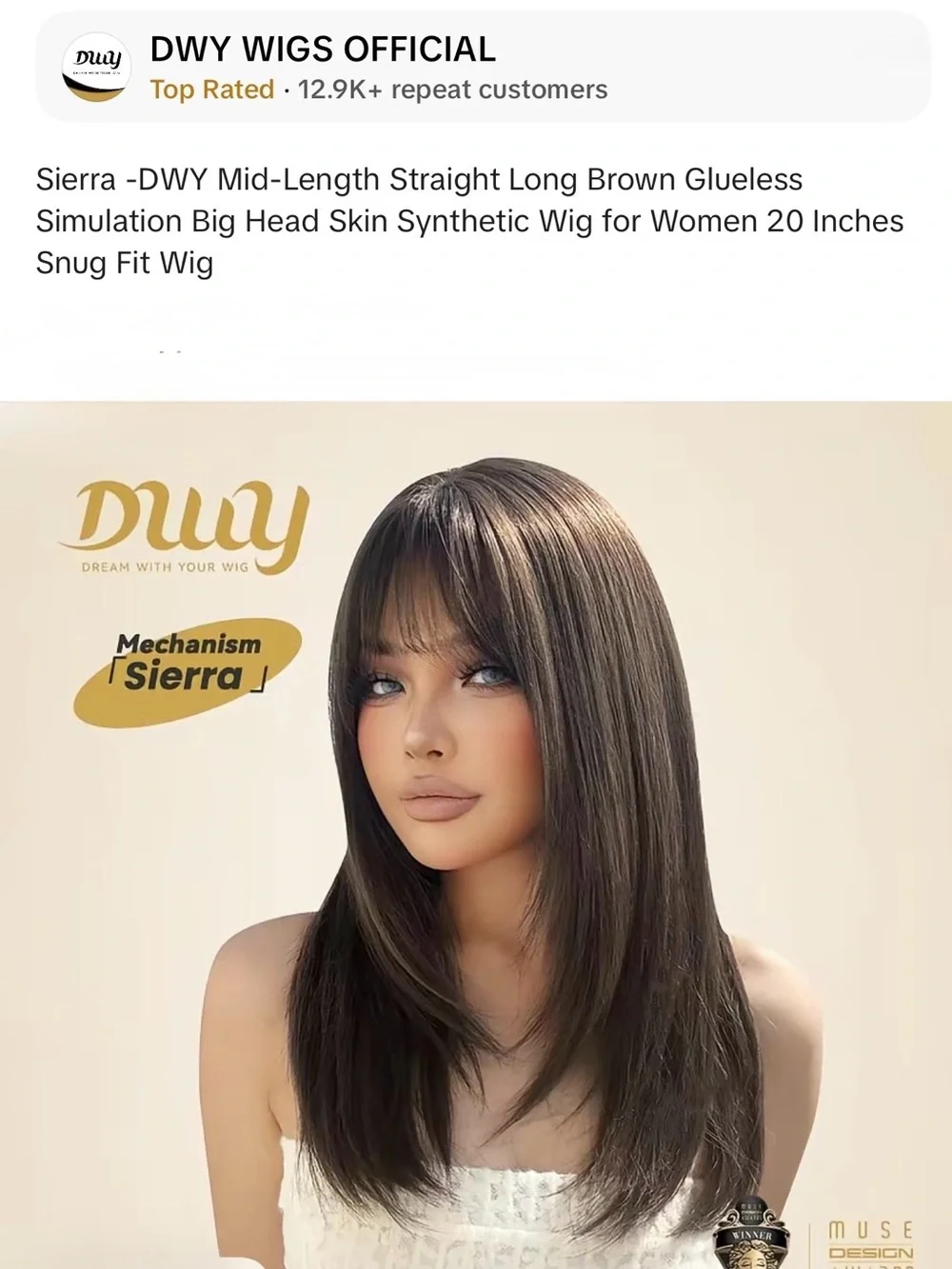 DWY Sierra Mid-Length Straight Brown Synthetic Wig with Bangs